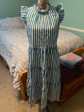 J. Crew Blue & White Vertical Stripe Tiered Midi Dress